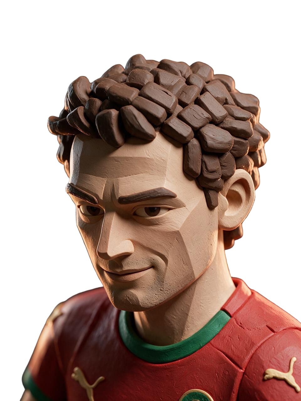 Franzi reimagined as a sculpted voxel-clay character in his red football jersey